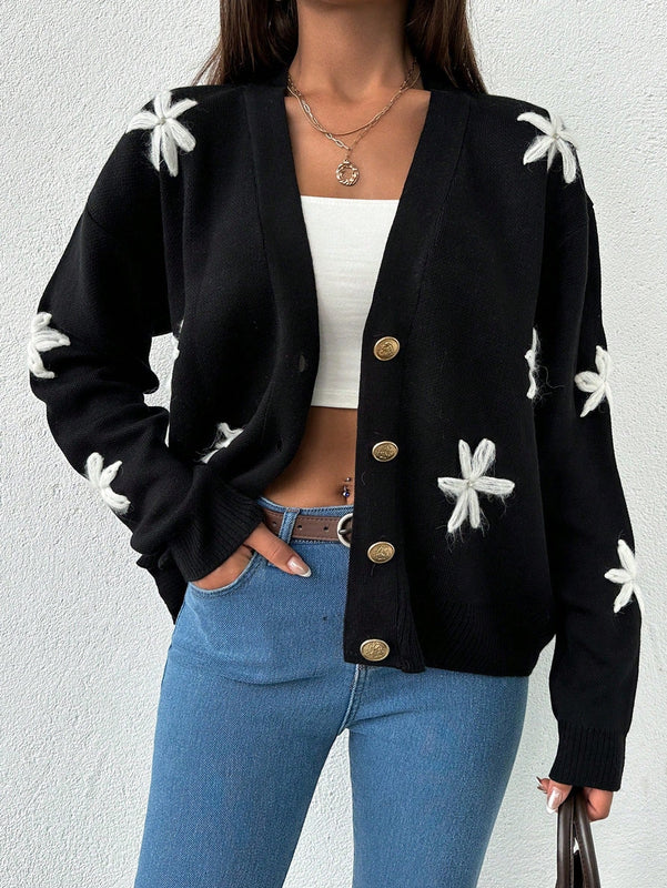 Tall cardigan casual de talla grande con flores bordadas