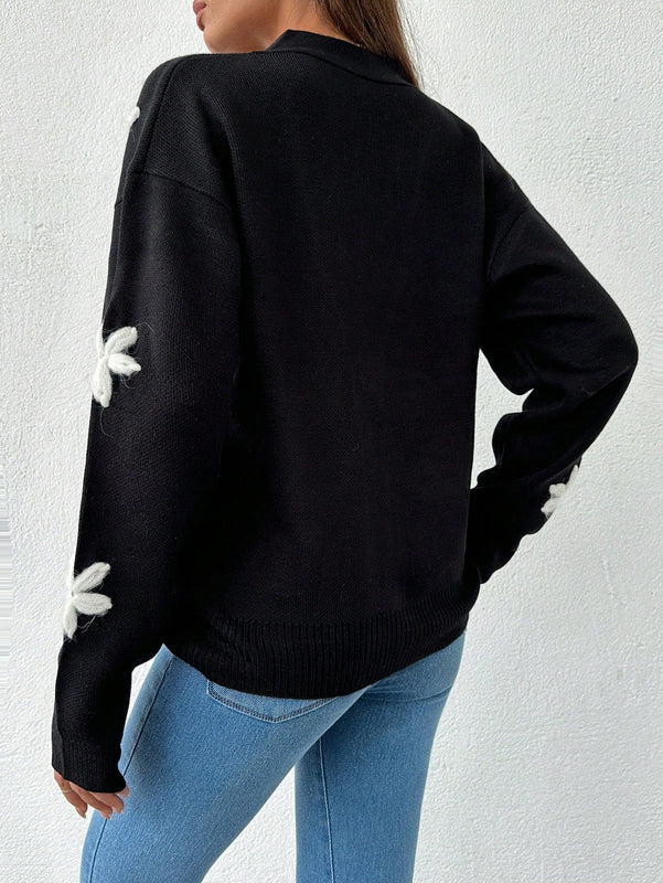 Tall cardigan casual de talla grande con flores bordadas