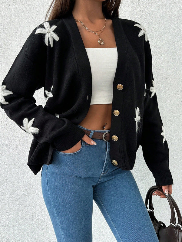 Tall cardigan casual de talla grande con flores bordadas