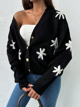 Tall cardigan casual de talla grande con flores bordadas