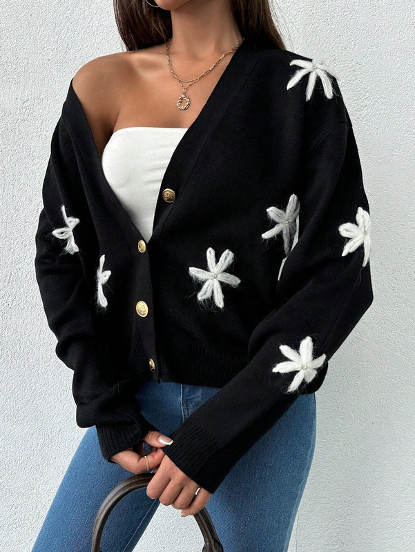 Tall cardigan casual de talla grande con flores bordadas