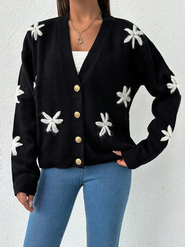 Tall cardigan casual de talla grande con flores bordadas