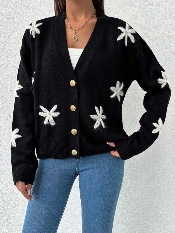 Tall cardigan casual de talla grande con flores bordadas
