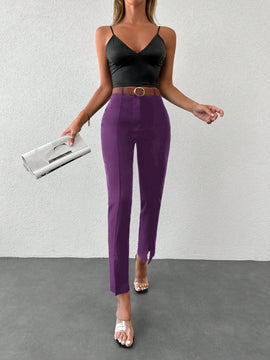 Pantalones unicolor bajo con abertura con cinturon