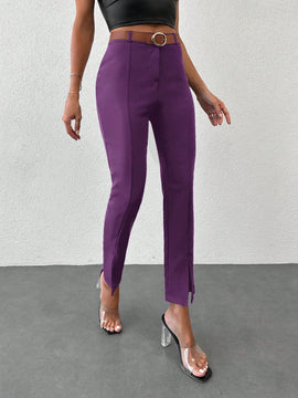 Pantalones unicolor bajo con abertura con cinturon
