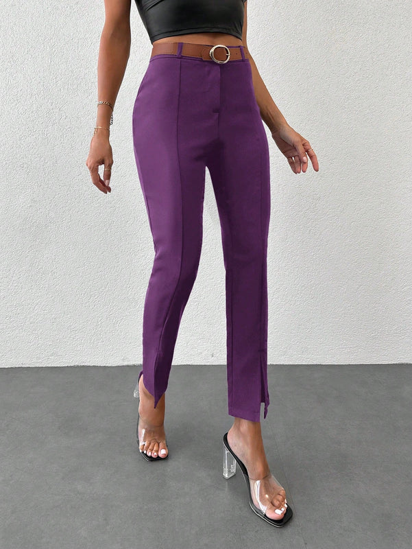 Pantalones unicolor bajo con abertura con cinturon