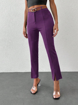 Pantalones unicolor bajo con abertura con cinturon