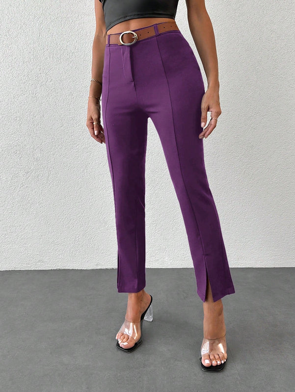 Pantalones unicolor bajo con abertura con cinturon
