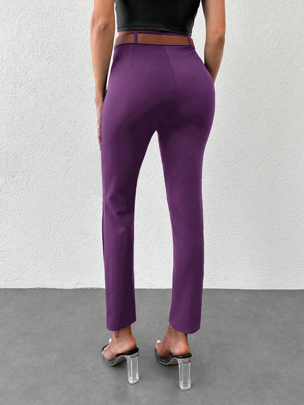 Pantalones unicolor bajo con abertura con cinturon