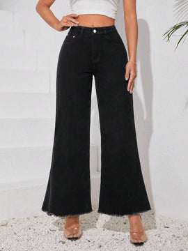 Tall Pantalones Jeans acampanados informales de mujer con bolsillos de parche y dobladillo sin rematar