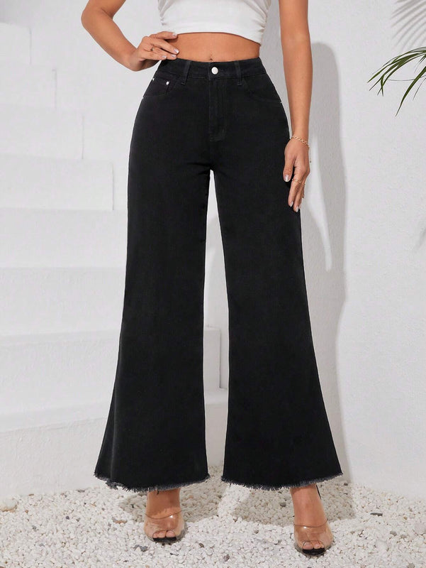 Tall Pantalones Jeans acampanados informales de mujer con bolsillos de parche y dobladillo sin rematar
