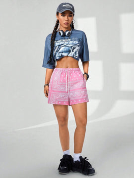 Coolane Shorts de cintura alta de moda para mujeres con estampado de flores de paisley completo, perfectos para primavera y verano
