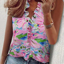 LUNE Blusa informal sin mangas de verano con estampado floral rosa y ribete de volantes para mujeres