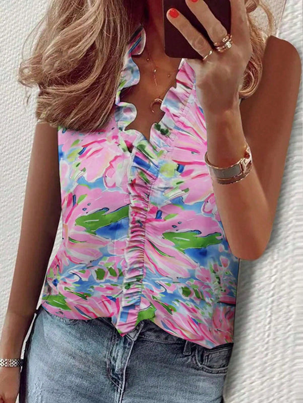 LUNE Blusa informal sin mangas de verano con estampado floral rosa y ribete de volantes para mujeres
