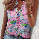 Blusa basica rosa con estampado floral, volantes y sin mangas, informal y linda para mujer