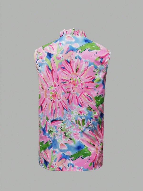 LUNE Blusa informal sin mangas de verano con estampado floral rosa y ribete de volantes para mujeres