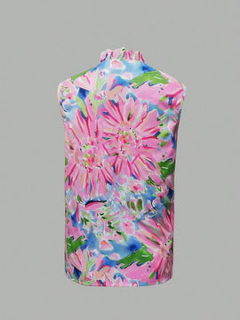 Blusa basica rosa con estampado floral, volantes y sin mangas, informal y linda para mujer