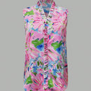 LUNE Blusa informal sin mangas de verano con estampado floral rosa y ribete de volantes para mujeres