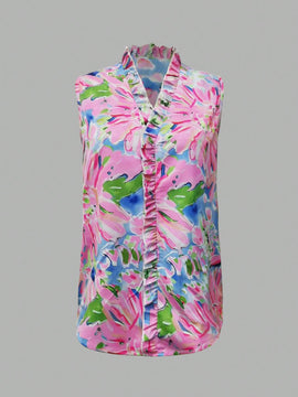 LUNE Blusa informal sin mangas de verano con estampado floral rosa y ribete de volantes para mujeres