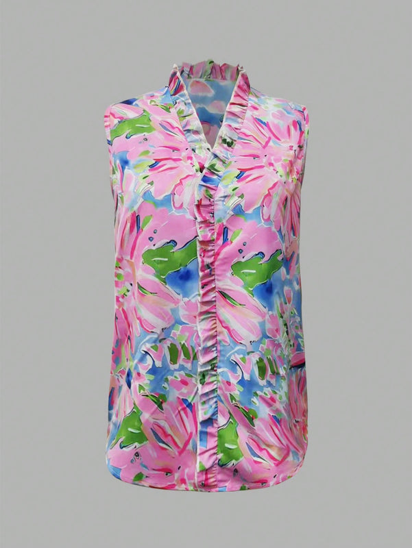 LUNE Blusa informal sin mangas de verano con estampado floral rosa y ribete de volantes para mujeres
