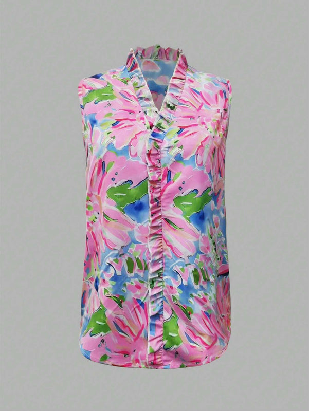 Blusa basica rosa con estampado floral, volantes y sin mangas, informal y linda para mujer
