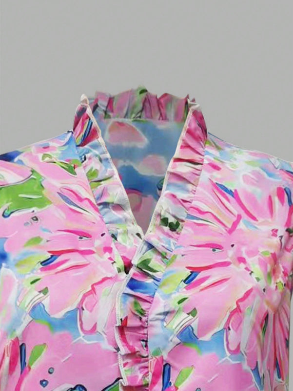 LUNE Blusa informal sin mangas de verano con estampado floral rosa y ribete de volantes para mujeres