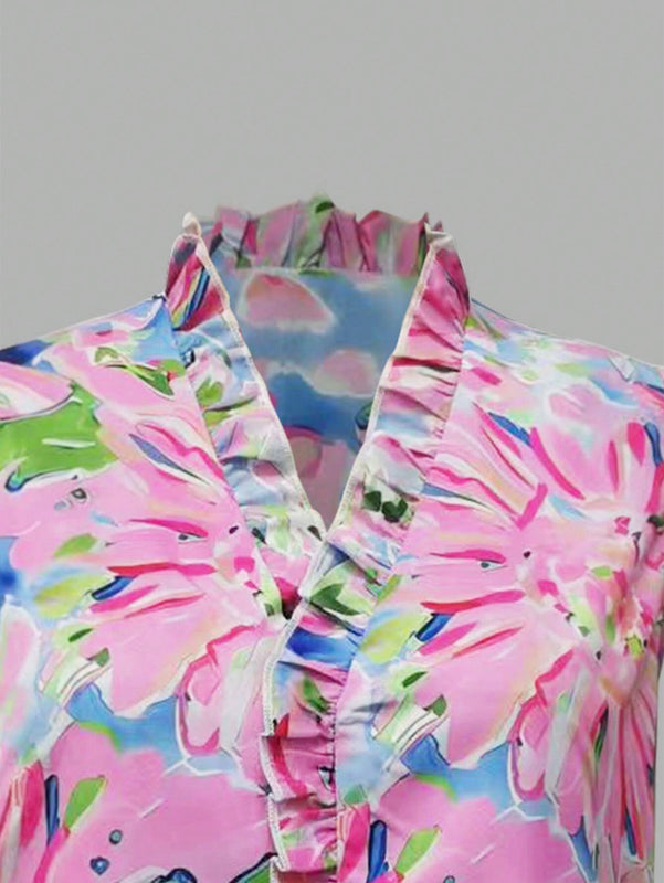 Blusa basica rosa con estampado floral, volantes y sin mangas, informal y linda para mujer