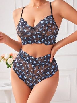 NEW Conjunto de brasier inalambrico de encaje de mariposa para mujer, 2 piezas