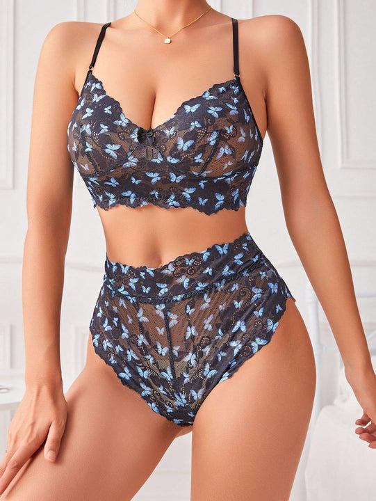 NEW Conjunto de brasier inalambrico de encaje de mariposa para mujer, 2 piezas