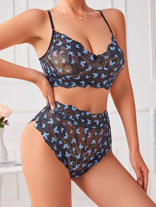 NEW Conjunto de brasier inalambrico de encaje de mariposa para mujer, 2 piezas