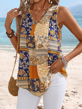 Blusa estilo casual sin mangas con cuello en V para mujeres con estilo de vacaciones