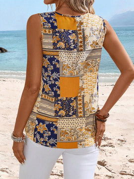 Blusa estilo casual sin mangas con cuello en V para mujeres con estilo de vacaciones