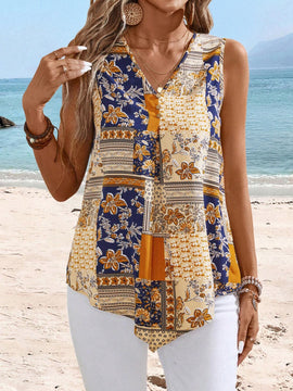 Blusa estilo casual sin mangas con cuello en V para mujeres con estilo de vacaciones