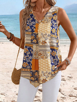 EMERY ROSE Blusa estilo casual sin mangas con cuello en V para mujeres con estilo de vacaciones