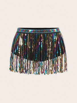 ICON Mini shorts de flecos de lentejuelas de arco iris con cintura ultra baja para festival de musica de verano
