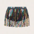 ICON Mini shorts de flecos de lentejuelas de arco iris con cintura ultra baja para festival de musica de verano