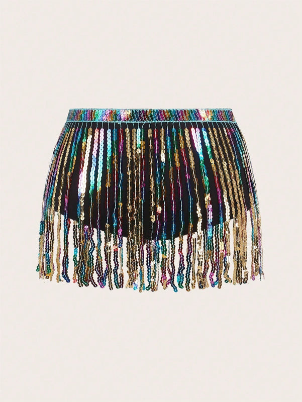 ICON Mini shorts de flecos de lentejuelas de arco iris con cintura ultra baja para festival de musica de verano