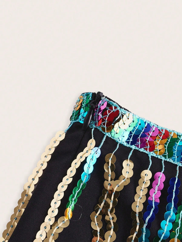 ICON Mini shorts de flecos de lentejuelas de arco iris con cintura ultra baja para festival de musica de verano