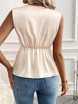 Frenchy Blusa de verano para mujer de unicolor con escote en V superpuesto y sin mangas con pliegues