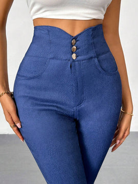 Prive Jeans ajustados simples, elegantes y basicos de talle alto para mujer con bolsillos de imitacion de mezclilla y detalles de botones