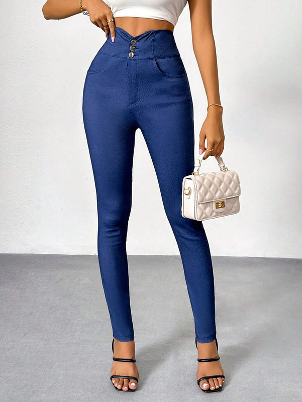 Prive Jeans ajustados simples, elegantes y basicos de talle alto para mujer con bolsillos de imitacion de mezclilla y detalles de botones