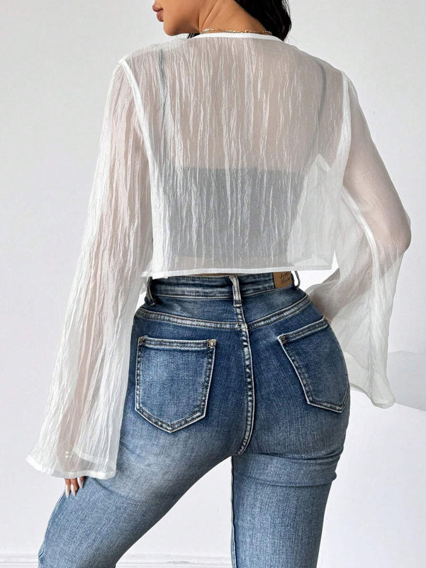 Cardigan holgado elegante y transparente de proteccion solar con encaje de mariposa y mangas acampanadas para mujeres