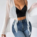 Cardigan holgado elegante y transparente de proteccion solar con encaje de mariposa y mangas acampanadas para mujeres