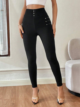 Essnce Pantalones de vestir informales para mujer con cintura alta, ajustados y decorados con botones para otono