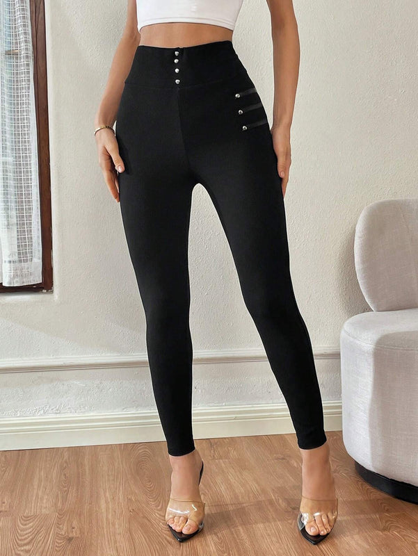 Essnce Pantalones de vestir informales para mujer con cintura alta, ajustados y decorados con botones para otono