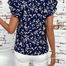 Clasi Blusa floral de verano azul con doble capa de manga con volantes