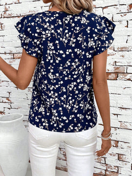 Clasi Blusa floral de verano azul con doble capa de manga con volantes