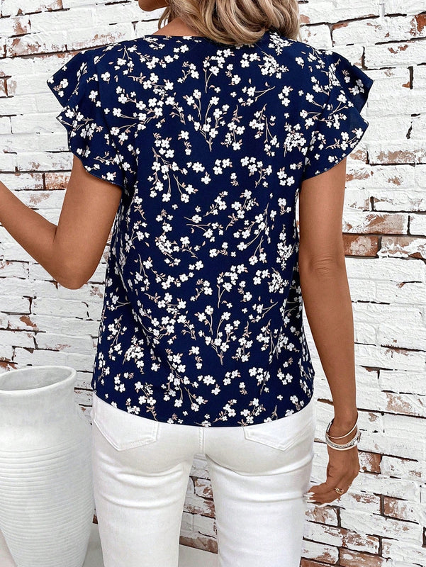 Clasi Blusa floral de verano azul con doble capa de manga con volantes
