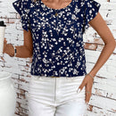 Clasi Blusa floral de verano azul con doble capa de manga con volantes