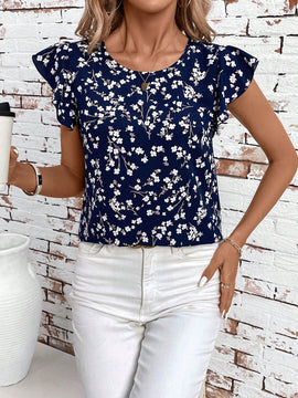 Clasi Blusa floral de verano azul con doble capa de manga con volantes